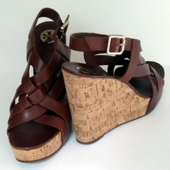 Tory Burch Shoes - TORY BURCH ACE SIENNA LEATHER SLINGBACK  & CORK WEDGE SANDALS